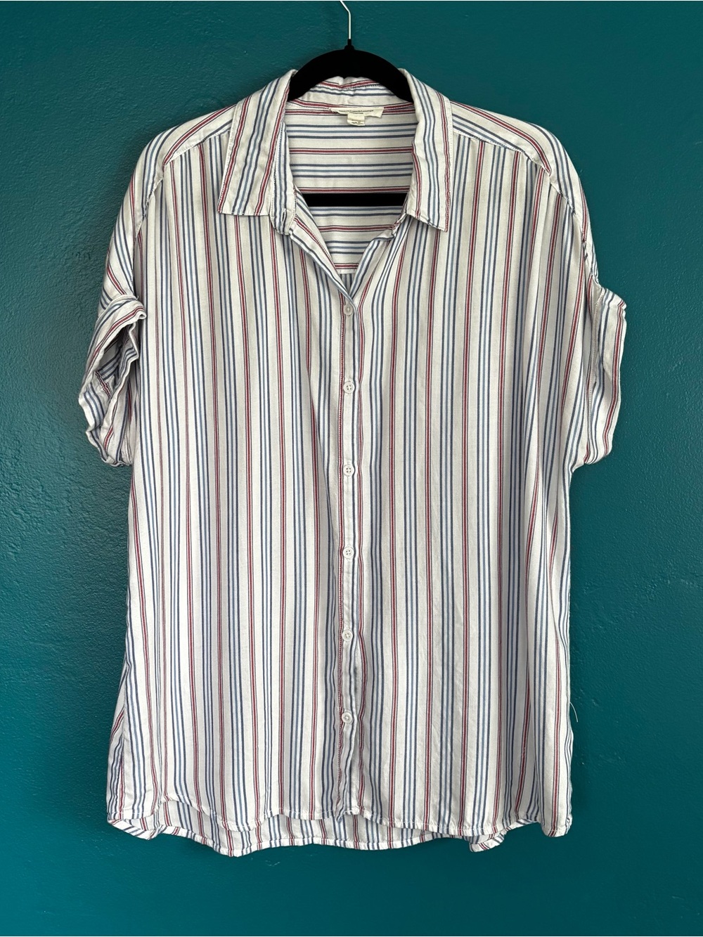 Beach Lunch Lounge White Red and Blue Stripe Button-Up Shirt